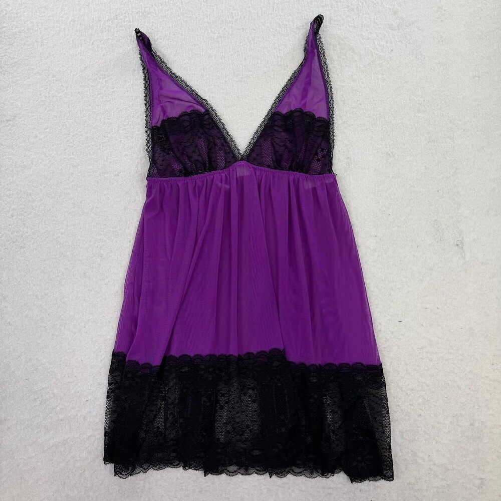 Y2K Purple Sheer Lace Babydoll Slip Dress Goth Grunge Coquette Lingerie